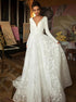 Long Sleeves Lace Satin Deep V Neck Wedding Dress LBQW0037